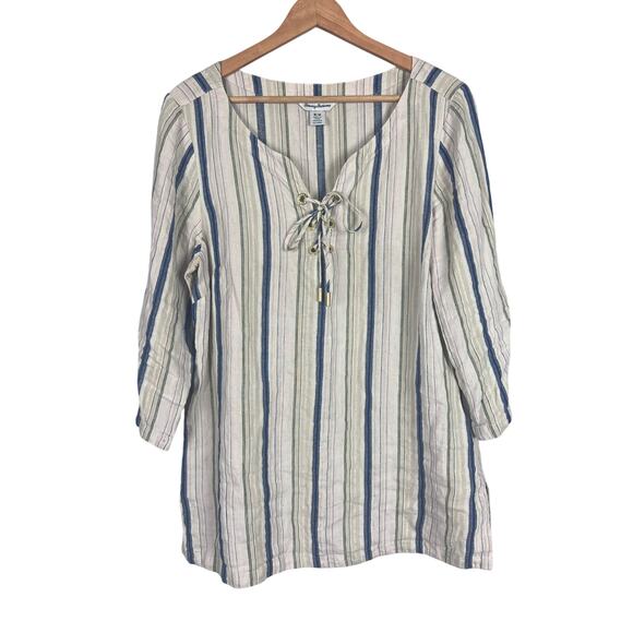 TOMMY BAHAMA Women's M Multicolor Metallic Striped Linen Blend Lace Up Tunic Top - Picture 1 of 9